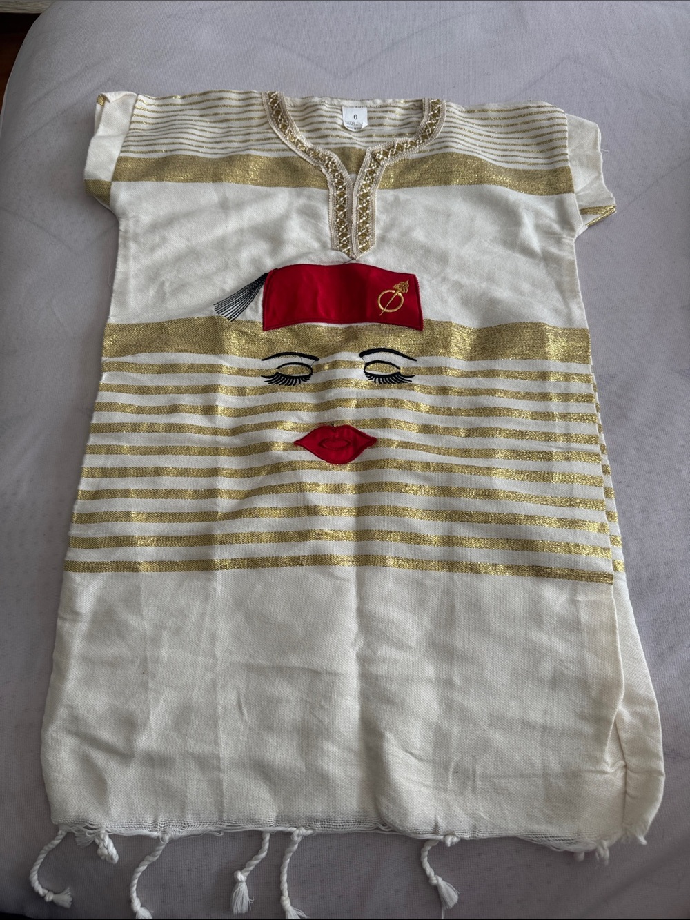 Kids Cream and Gold Striped jeba Dress with Red Accent